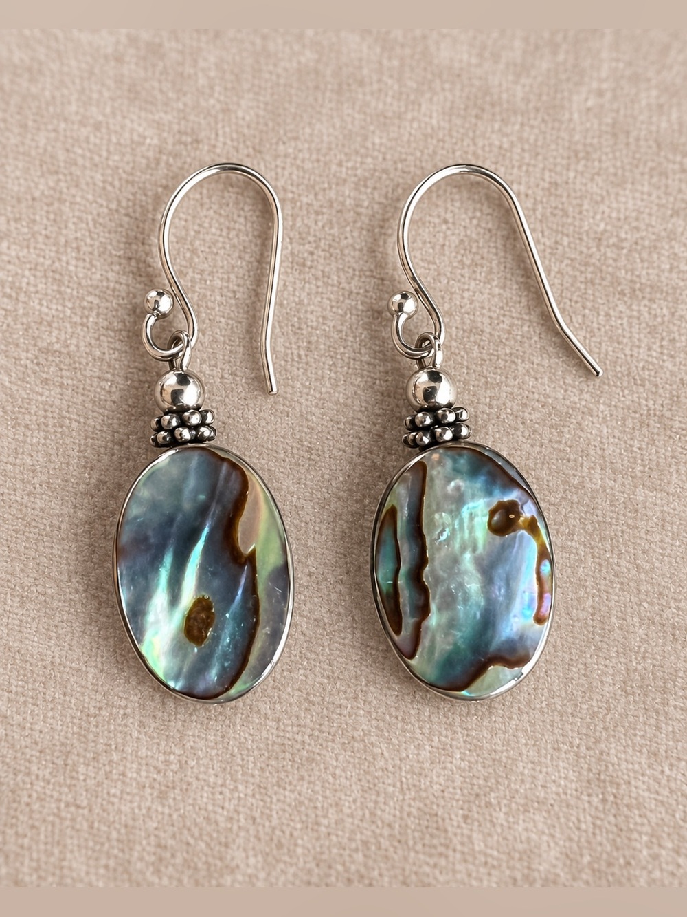 925 Sterling Silver Oval Blue Purple Abalone Earrings EUC 1.25" #733
